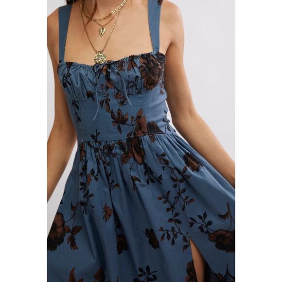 Free People Dresses & Skirts - Free People Laters Baby Denim Blue Floral Midi Dress Storm Combo Size L Boho